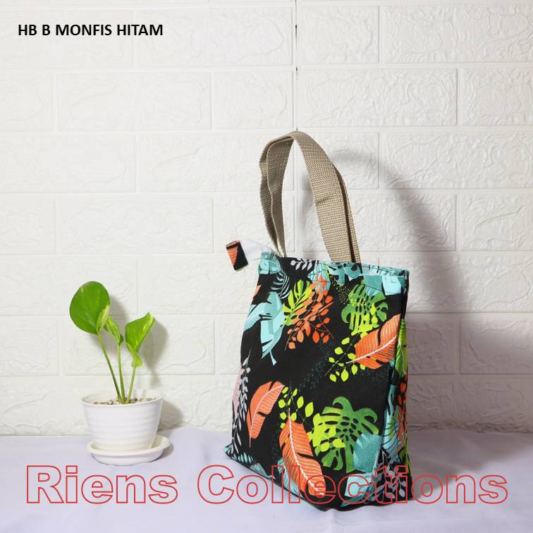 TAS KANVAS HANDBAG KANVAS BESAR MOTIF MONFIS HITAM. Riens Collections