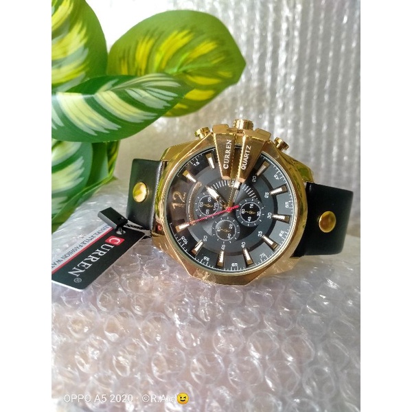 jam tangan curren strap kulit warna hitam gold