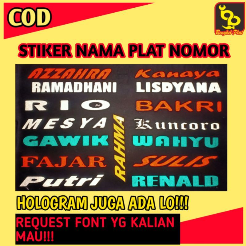 Stiker Cutting Sticker Nama Plat Nomor Nomer Motor Mobil Huruf Nyala