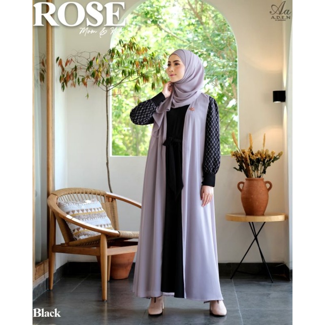 Gamis Rose series mom by Aden hijab, dress+outer+ pasmina size L warna Black,reseller ada disc