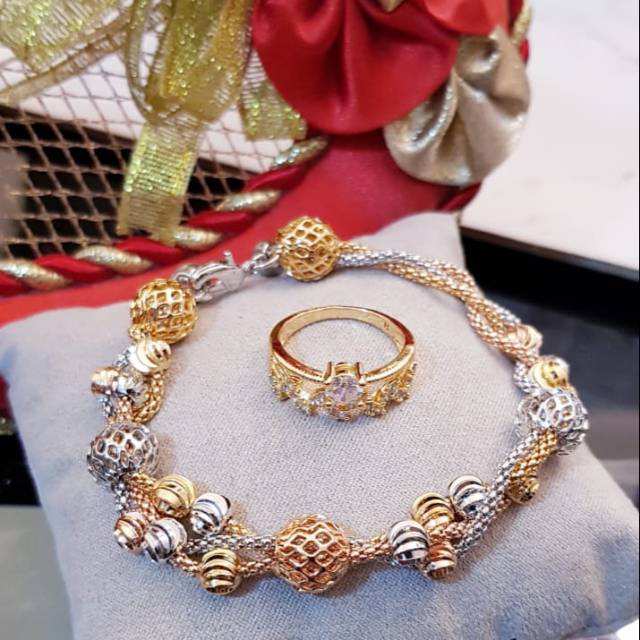 Xuping set perhiasan cincin plus gelang bola 3 warna