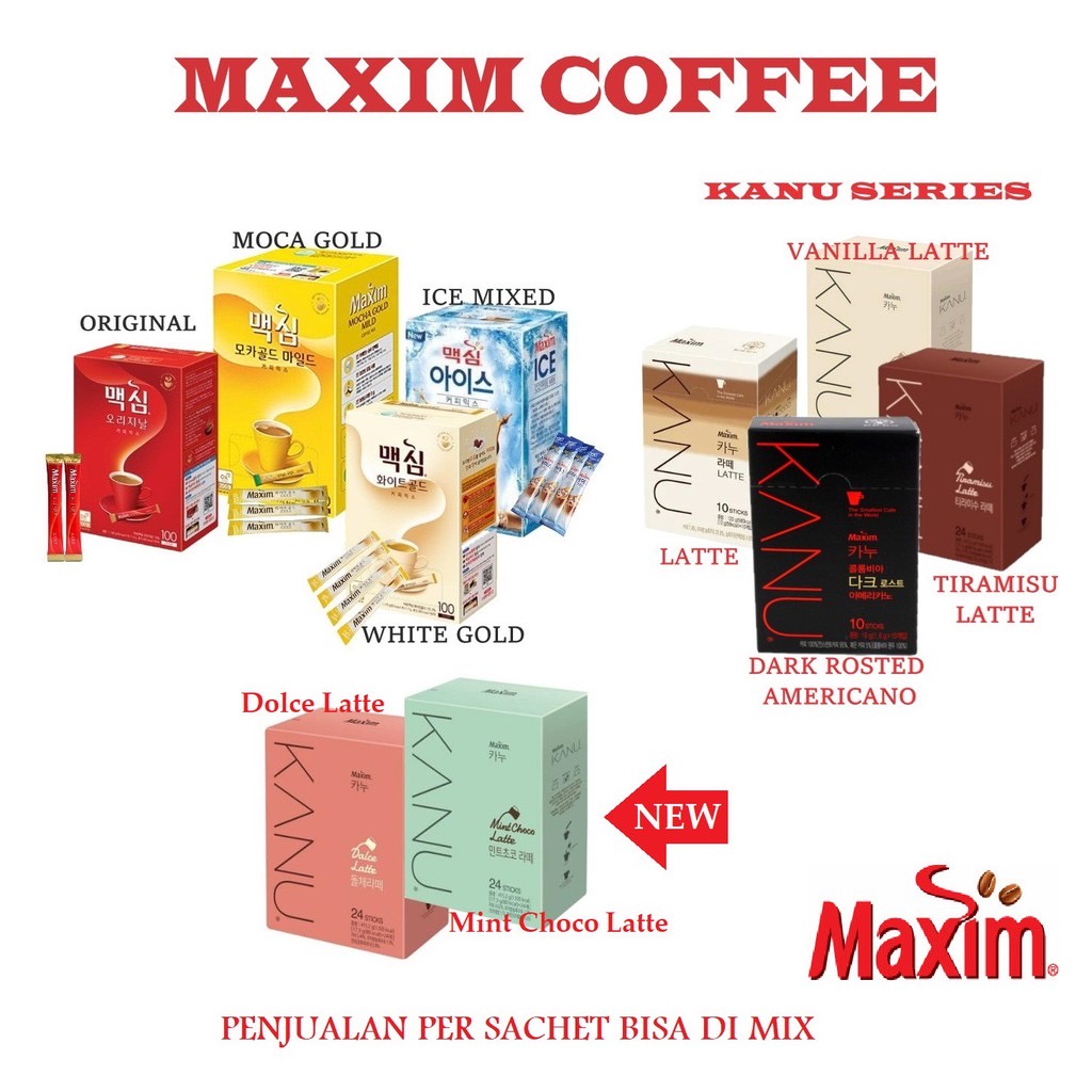 MAXIM COFFEE KOREA MOCHA GOLD ORIGINAL WHITE KANU LATTE KFOOD SERIES ICED MIX SACHET KOPI