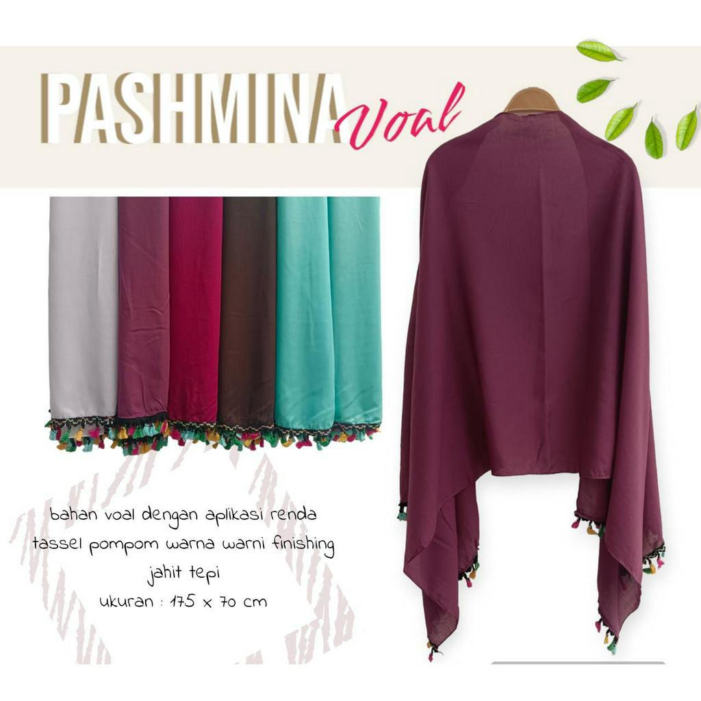 Hijab Pashmina bahan Cotton Voal 170cm x 70cm / Kerudung Rawis Pompom Tassel