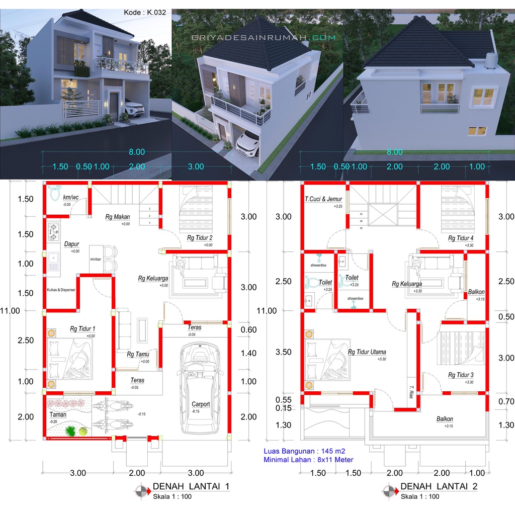 Jual Denah Rumah 2 Lantai Desain Minimalis Mewah Modern Lebar 8 x 11 Meter | Shopee Indonesia - Desain Rumah Modern 2 Lantai Beserta Denahnya