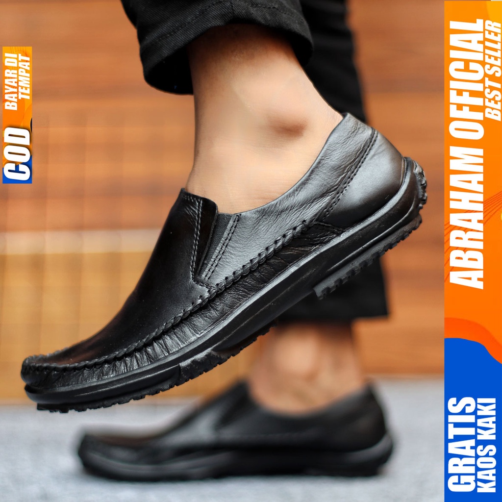 Sepatu Casual Pria Formal Slip On Pantofel Kulit Asli Kerja Kantor Kondangan Kuliah Hitam Fashion Shoes Terbaru Murah Kekinian Original RODAS ABRAHAM