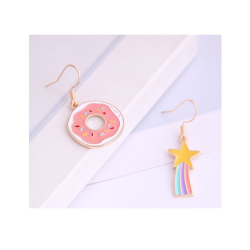 LRC Anting Gantung Fashion Color Mixing Drop Of Oil Asymmetrical Donut Five-pointed Star Alloy Earrings A61280