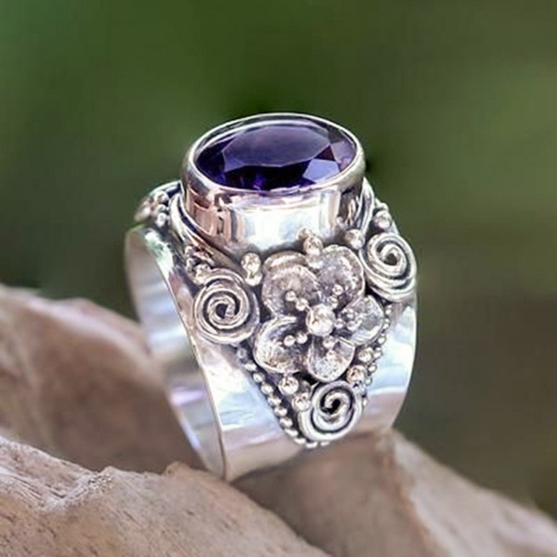 Cincin Natural Amethyst Perak925 Sterling Vintage Ukir