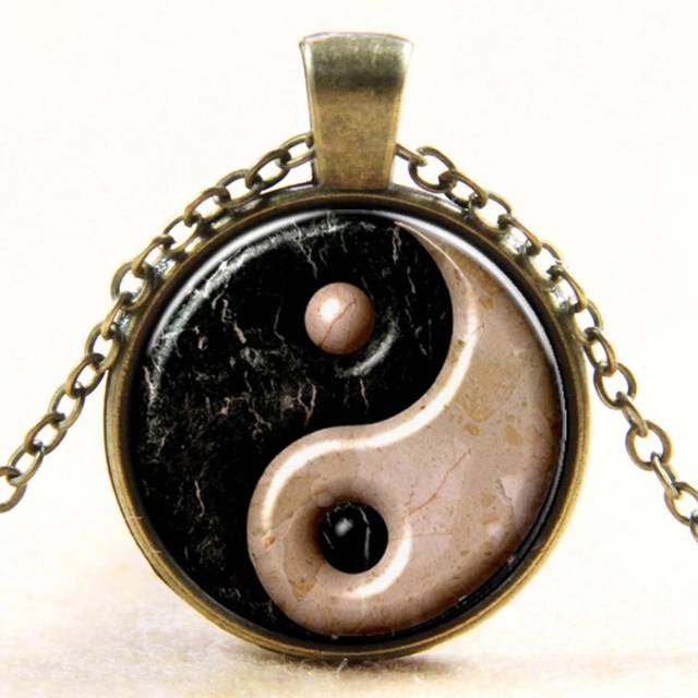 Mandala Yin Yang Ketting Necklace, Bronze & Sliver Chain Necklace, Simple Glass Cabochon Pendant