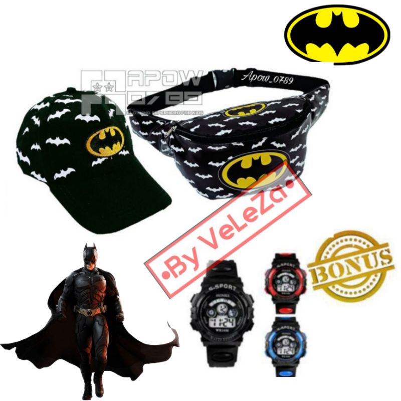 waistbag anak canvas karakter superhero 3in1 - tas + topi + jam