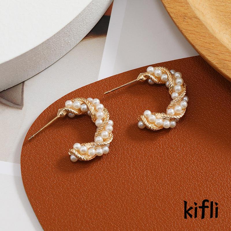 Perhiasan Anting ,Bentuk C Spiral ,Aksen Mutiara