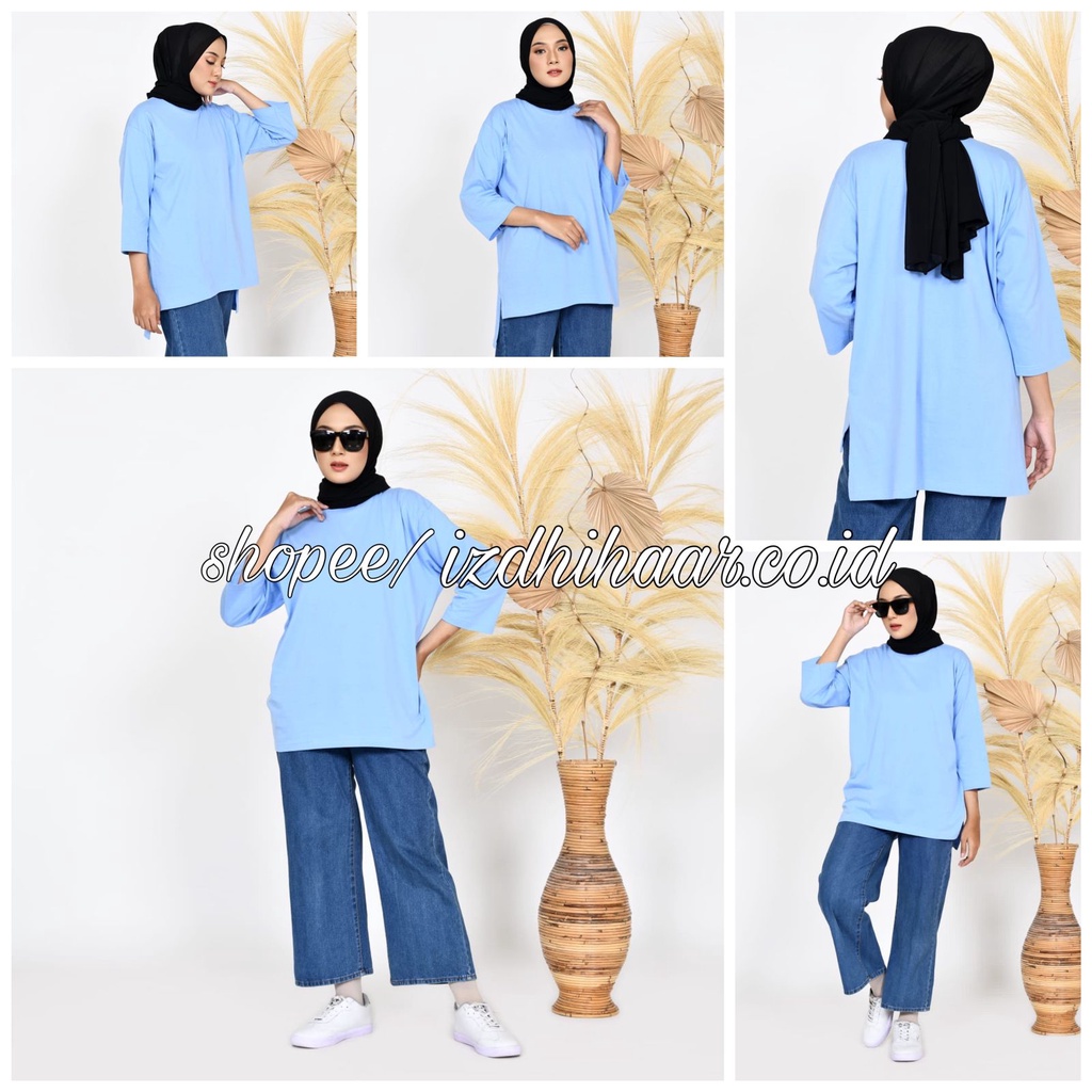 Atasan tunik wanita Polos Oversize / Kaos Polos Tunik Muslimah Lengan 3/4 / Pakaian Wanita Viral Bahan Kaos Combed 24S Atasan Wanita Terlaris