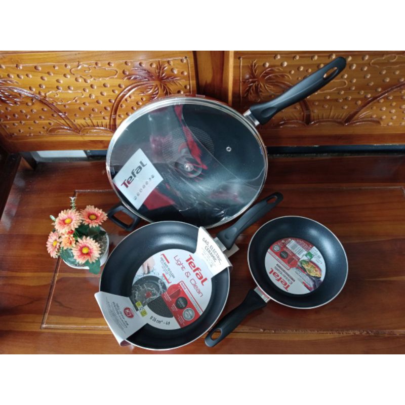 Tefal Light & Clean Fry Pan 26 cm + Wok Pan 32 cm Tutup Kaca Teflon Wajan Anti Lengket
