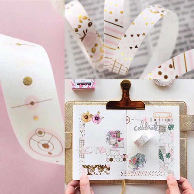 

Share 50cm washi tape matte shiny gold foil bulan geometris polkadot bunga warna emas pink