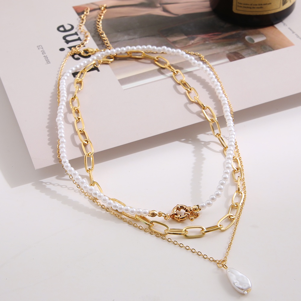 3pcs / set Kalung Choker Rantai Manik-Manik Mutiara Asimetris Warna Emas Untuk Wanita