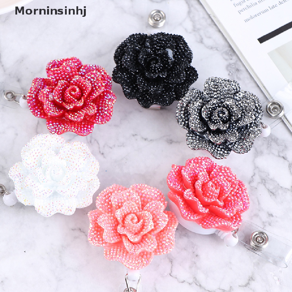 Mornin Klip Holder Kartu Nama / Identitas Retractable Anti Hilang Bentuk Bunga Mawar Bahan Resin