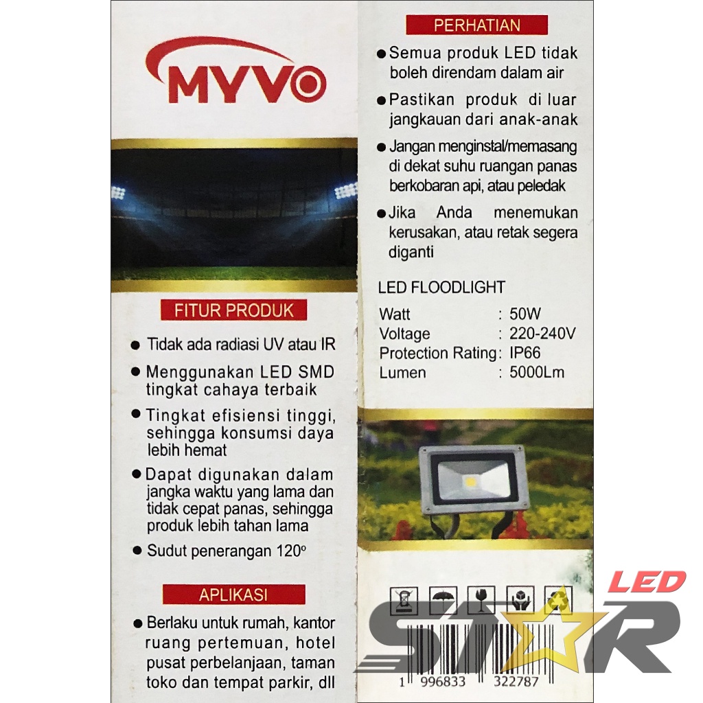 MYVO LED Floodlight 50W Lampu Kap Sorot Indoor Outdoor Flood Light IP66 Weather Proof 50 WATT Super Terang Star