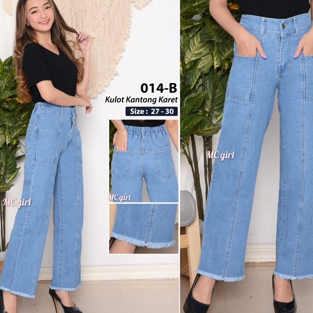 MC girl - Celana Jeans Premium Kulot Panjang Pinggang Karet Rawis Wanita / Kulot Jeans Kantong Depan / Celana Lepis Tulang Rumbai / Celana Denim Garis Kulot Boyfriend