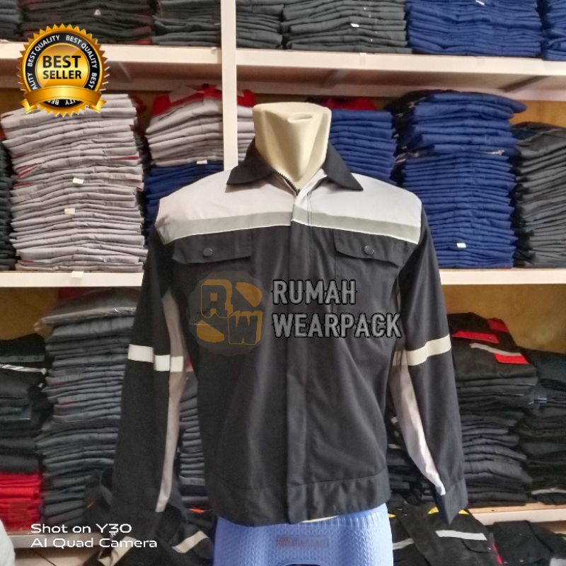 Wearpack Kerja/ Baju Lapangan Lengan Panjang Atasan Warna Navy Kombinasi Abu Muda