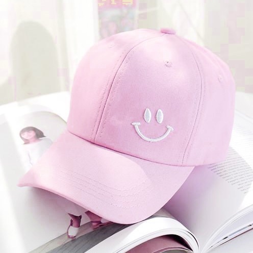 Topi Baseball Bordir Gaya Korea Pria Wanita Model Smile Senyum Distro-Soft Pink