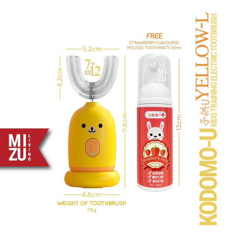 MIZU KODOMO-U Kids Training Electric Toothbrush Sonic Vibration Sikat Gigi U Anak USB Elektrik-YELLOW-L