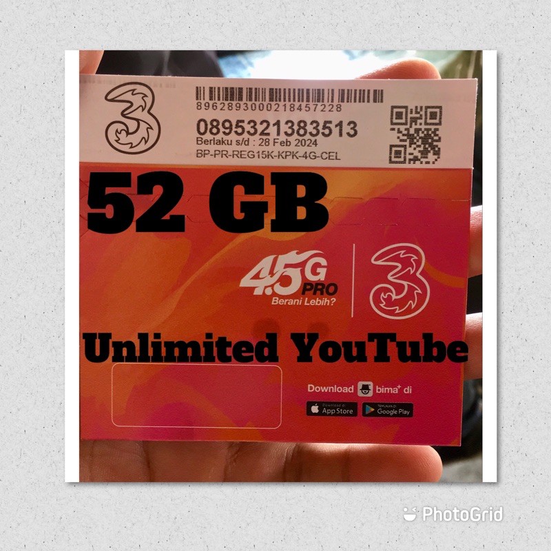 Perdana TRI 52 GB unlimited youtube