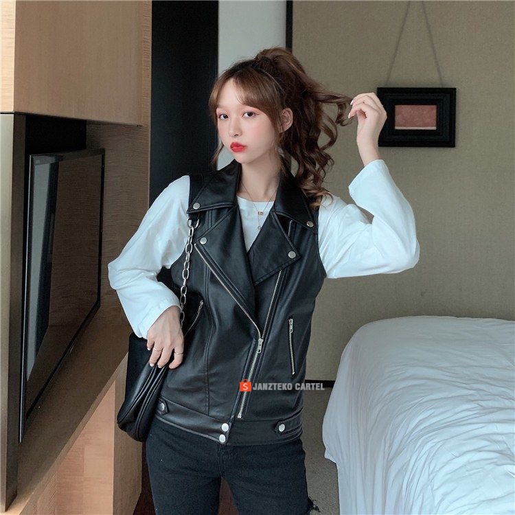 JNK x ROSE - Rompi Vest Slim Fit Wanita Biker Bahan Semi Kulit Sintetis Viena Faux Synthetic Leather Premium Original Cewek Perempuan Outfit Hijab Muslim Modern Baju Atasan Fashion Korean Style KPOP Women Female Kekinian Motor Racing Casual Zipper Tebal