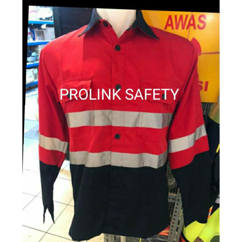 SERAGAM SAFETY FREE LOGO K3 BENDERA MERAH KOMBINASI DONGKER KANCING KAIN DRILL