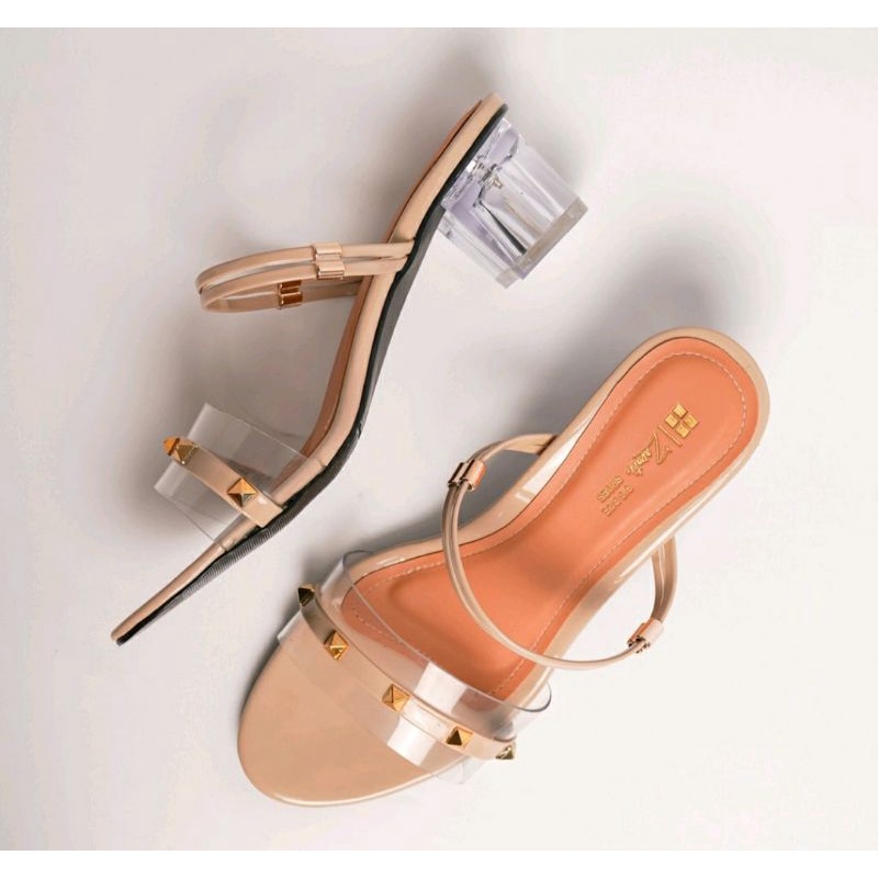 COD / Valentinoo Big Size 41-45 Slop Heels Sepatu Kaca JUMBO Wanita Turis Bule Krem, 41