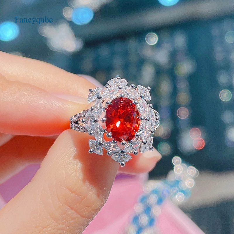 Fancyqube Cincin Silver Bentuk Kepingan Salju Oval Hias Cubic Zirconia Aaa Merah Untuk Wanita