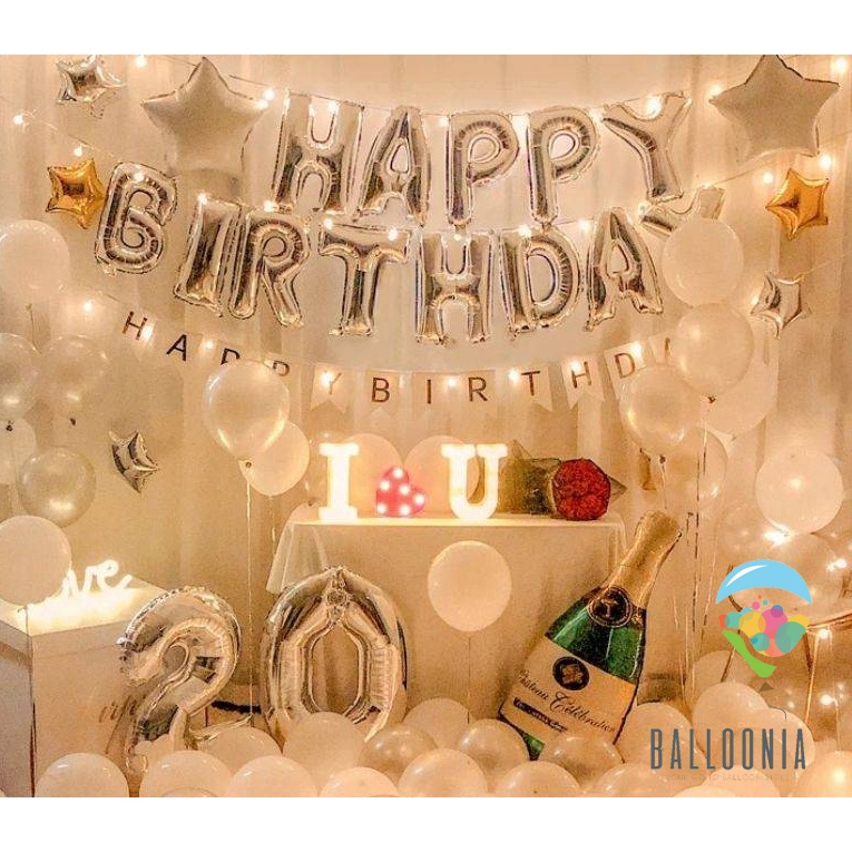 LED Set Foil Balloon Birthday White Champagne | Balon Dekorasi Ultah Bday Ulang Tahun Meriah Dewasa 