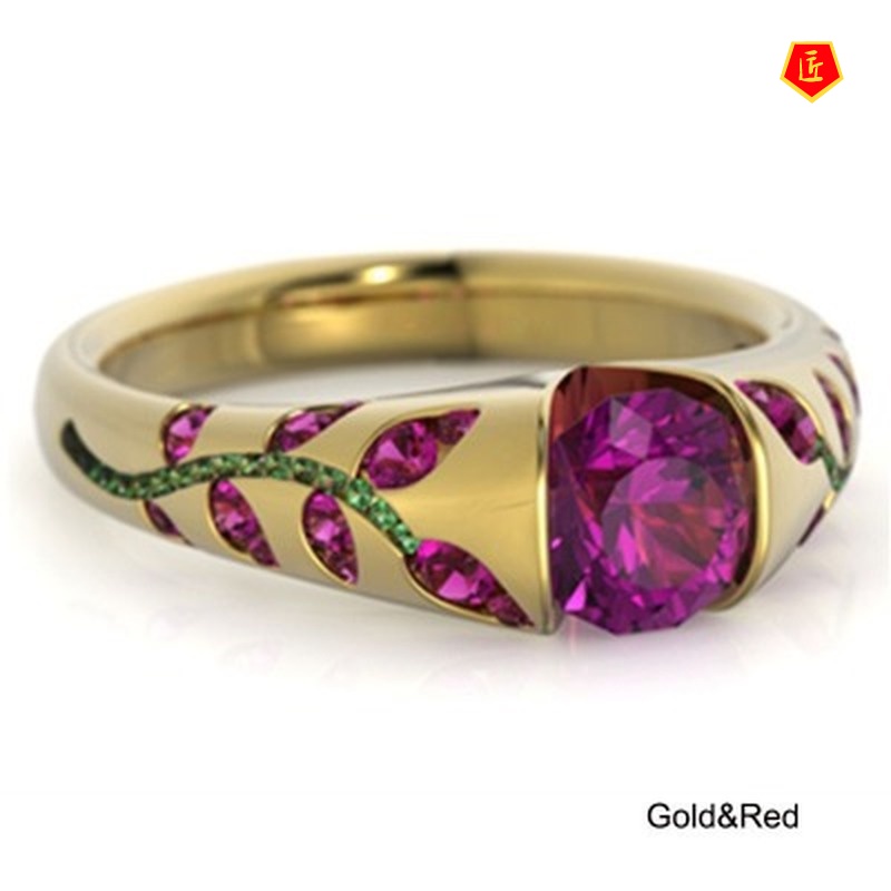 [Ready Stock]Multi-Color Exquisite Leaves Inlaid Jewel Ring Personality Simple