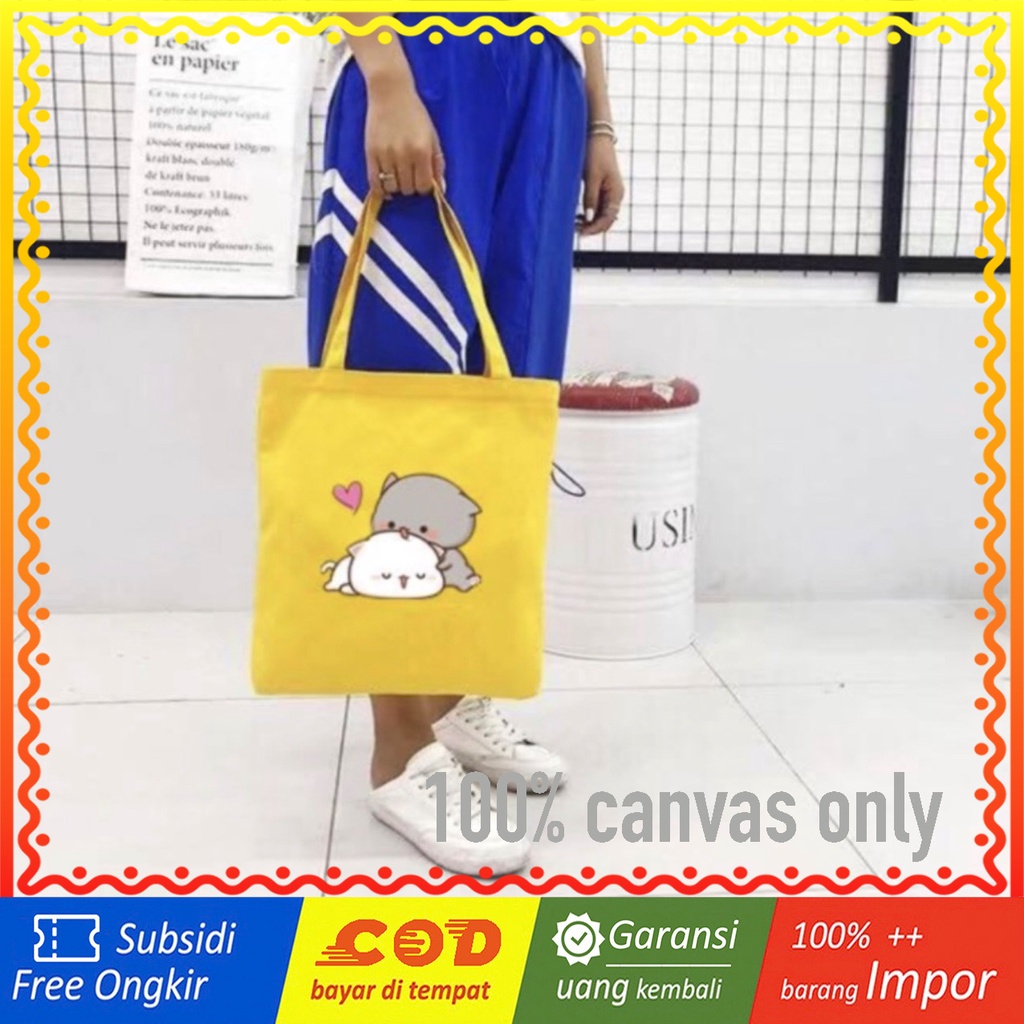 LJY52 SALE Tas Tote Impor Wanita Korea Kawaii Sablon Premium Two Cats Bag Murah TKM