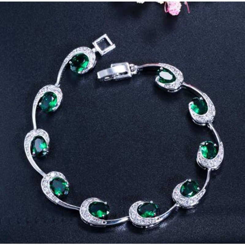 Gelang Tangan Wanita Hias Batu Kristal Zircon Imitasi Bentuk Oval Warna Hijau Simple Casual