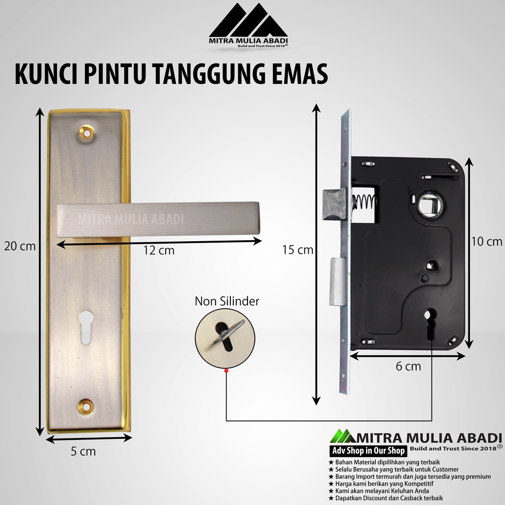 Kunci gagang Pintu Tanggung 20cm Full set Gold M-Class