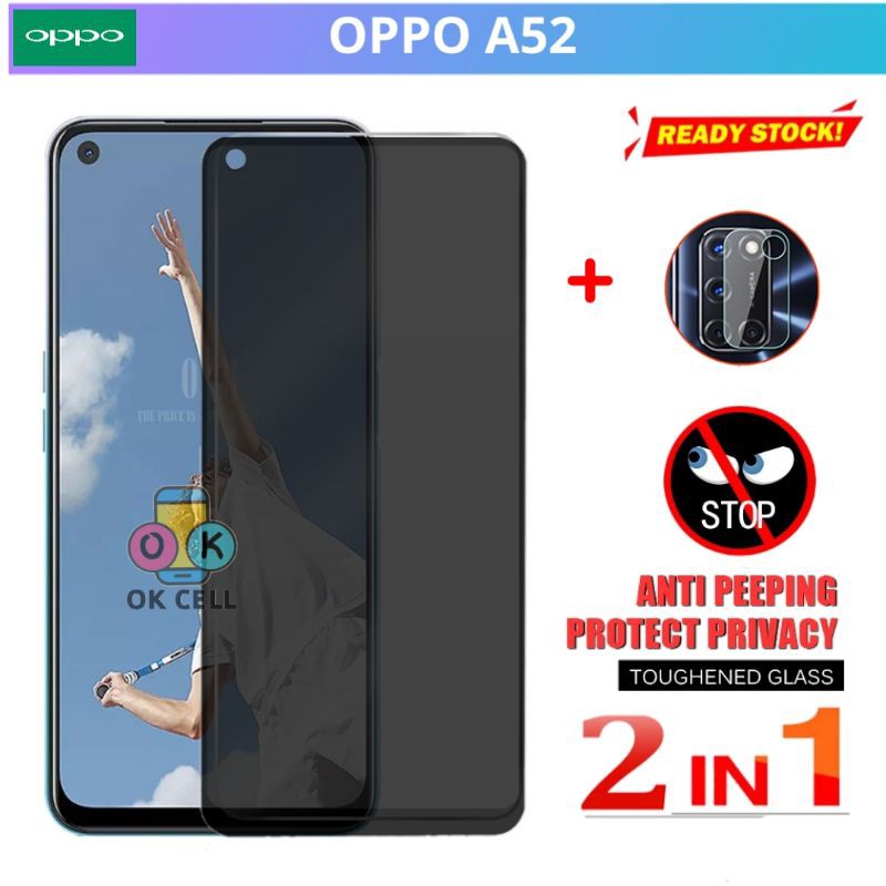 2in1 - Tempered Glass Anti Spy Oppo A52 TG Anti Gores Layar Kamera Spy Hitam Protector Premium