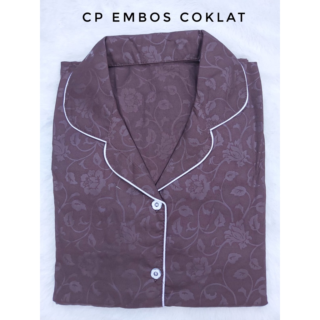JNV Piyama CP Wanita Motif Satin Embos - Baju Tidur Saten Lengan Pendek - Bahan Satin Embos-coklat Tua