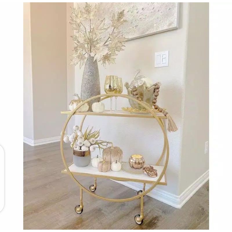 Rak stoarge multifungsi jamuan bumbu bawanh dapur pajangan roda troly troli gold besi kayu marmer ma