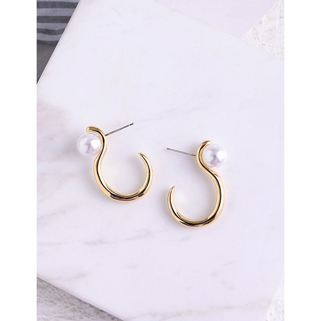 LRC Anting Tusuk Fashion Gold Pearl Geometric Silver Needle Stud Earrings A57206