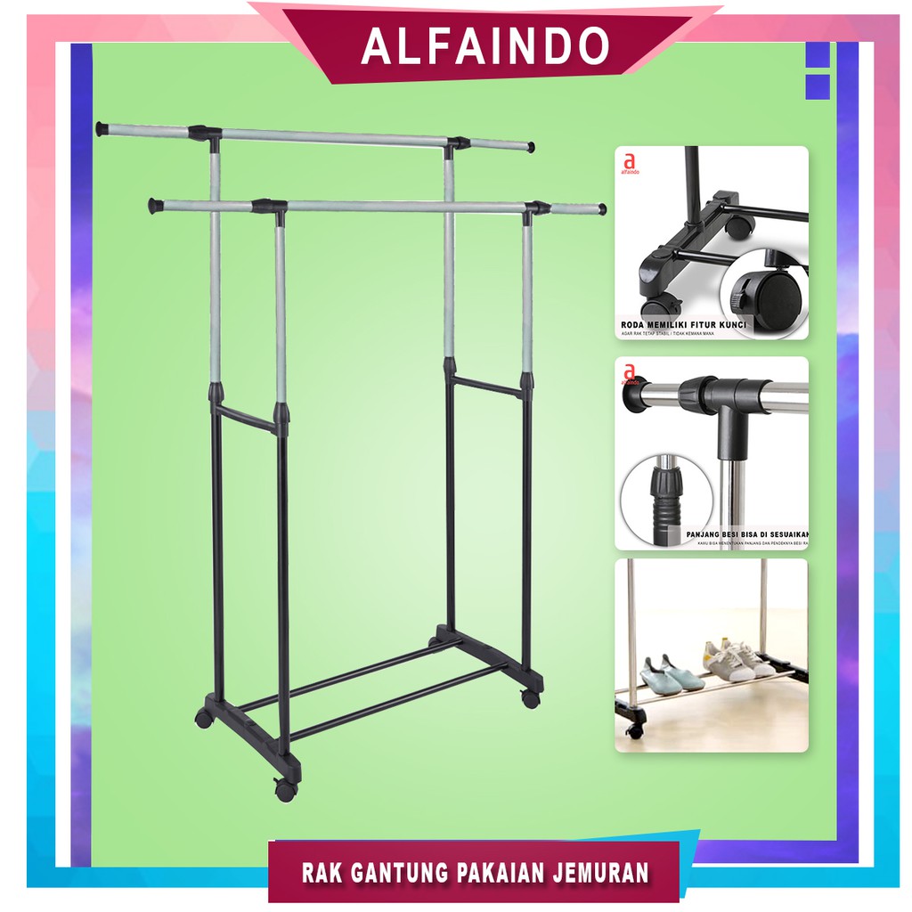 Alfaindo Stand Hanger Jemuran Pakaian Gantungan Baju Minimalis Aluminium GHR15542 Kokoh