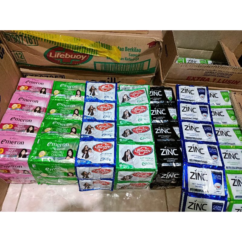 Shampo zinc ,emeron,lifeboy6 pasang = 12 sachet Ya