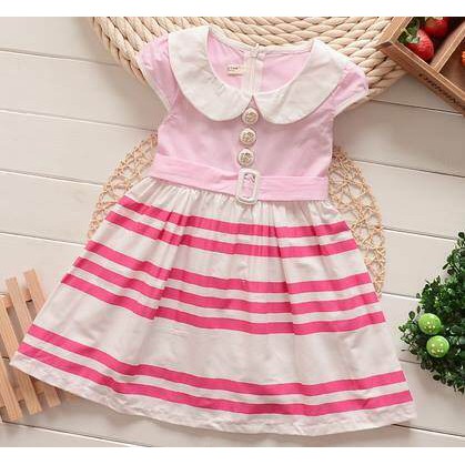 Baju Anak Bayi Perempuan Dress Kerah Pink Garis Putih 1 - 3 Tahun