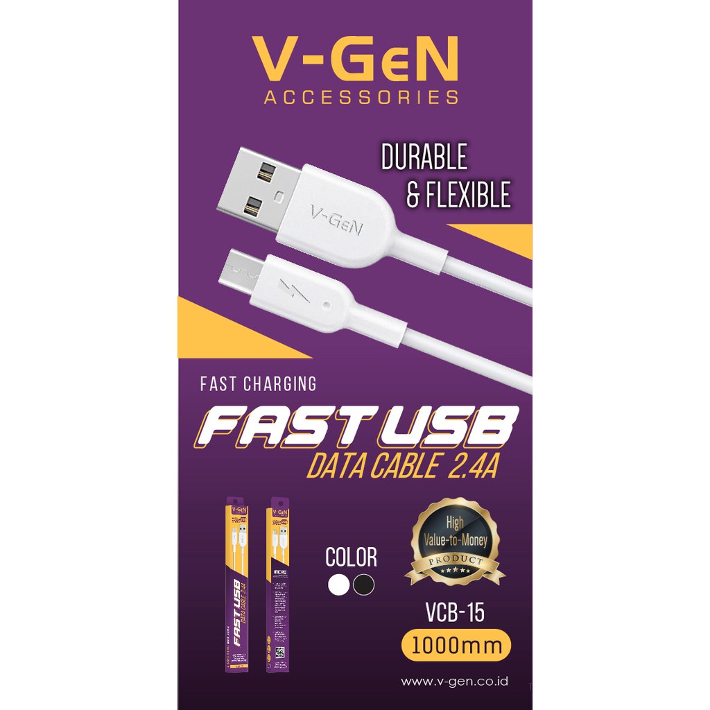 Kabel Data USB V-GeN VCB-15 Fast Charging Kabel Charger Micro USB VGEN