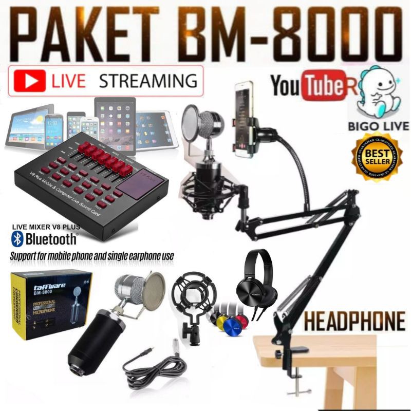 Paket Mic BM8000 Soundcard V8 plus Stand Phone Holder Home Recording Terbaik