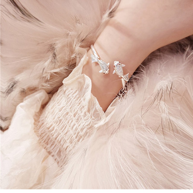 925 gelang perak murni untuk wanita double goldfish bracelet vintage jewellery