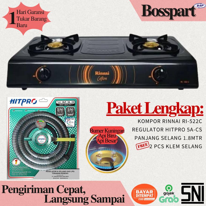 Paket Kompor Gas Rinnai 2 Tungku RI 522C bonus selang regulator gas hitpro