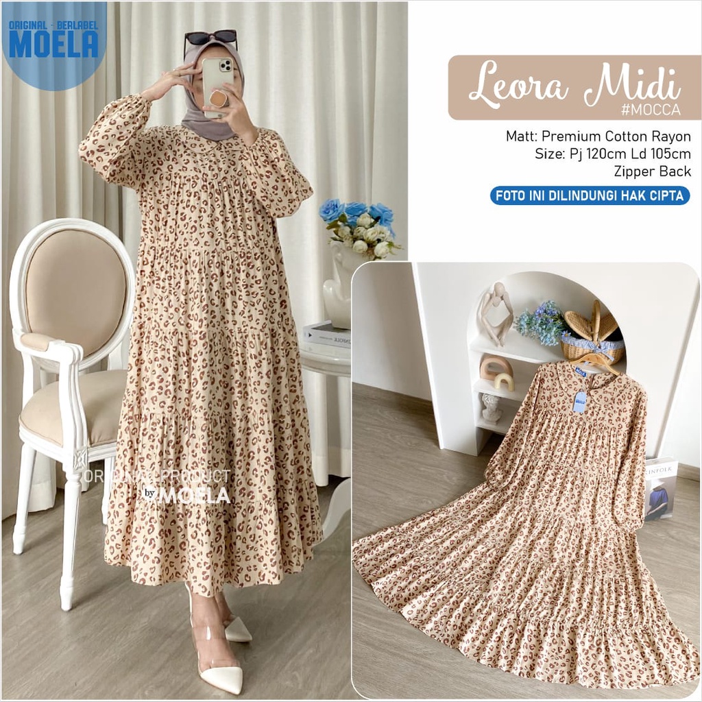LEORA MIDI ORIGINAL MOELA ld 105cm premium cotton rayon leopard zipper OOTD MUSLIM STYLE dress tutul