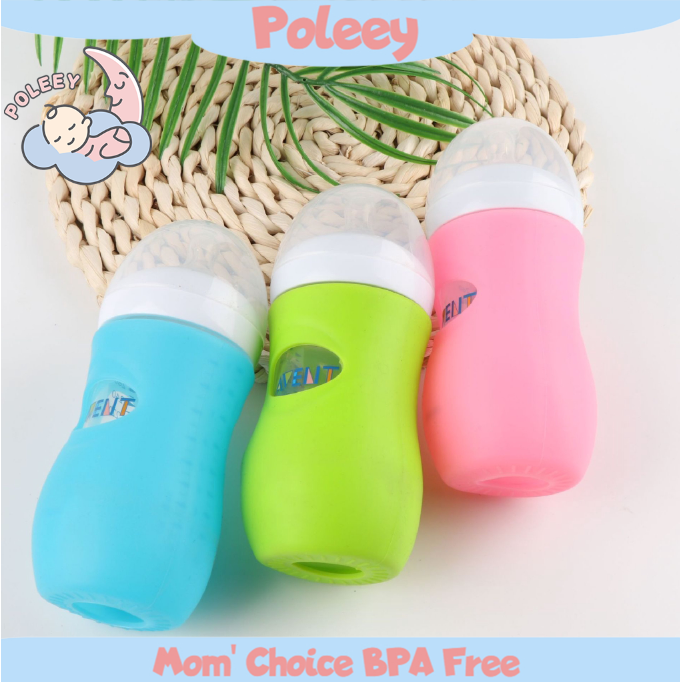 Poleey Botol Minum Kaca Alami Anti Jatuh Dengan Cover Karet Ukuran 4oz 9oz