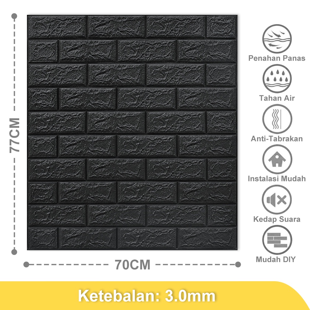 Wallpaper Dinding Foam 3D Dekor Kamar Motif Batu Bata Wallpaper High Quality-Hitam(3mm)