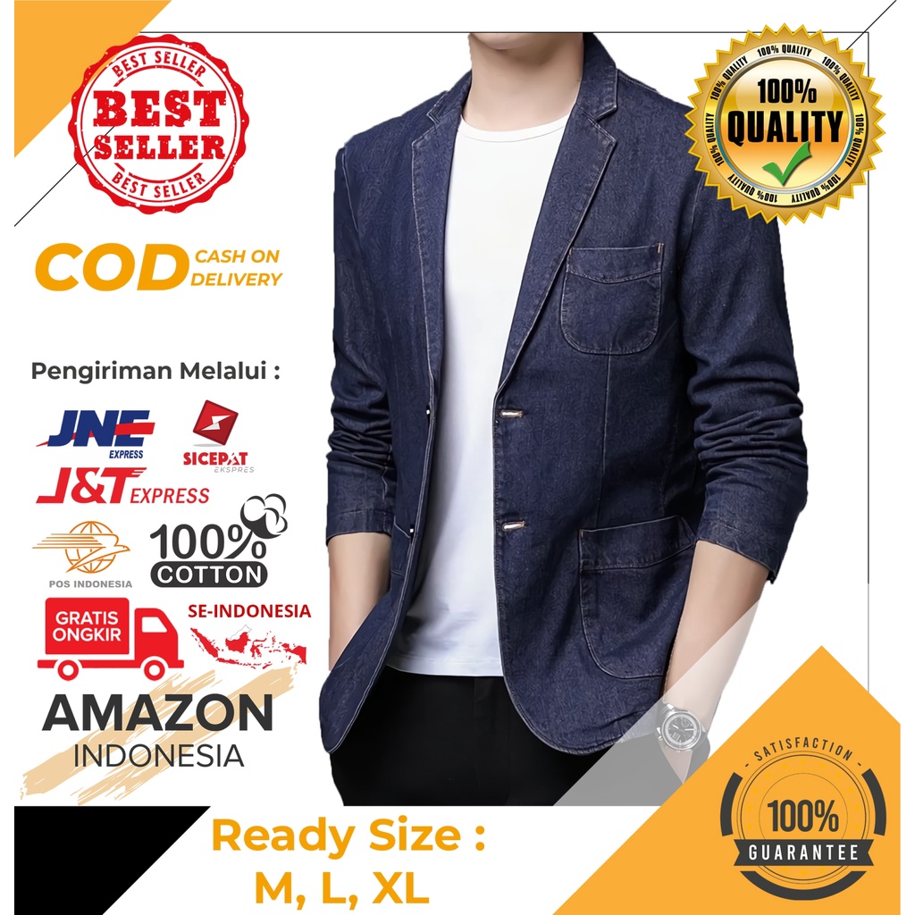 BLAZER CASUAL JAS FORMAL PRIA LENGAN PANJANG PAKAIAN COWOK KANTOR NAVY KAIN JEANS TEBAL HIGH QUALITY