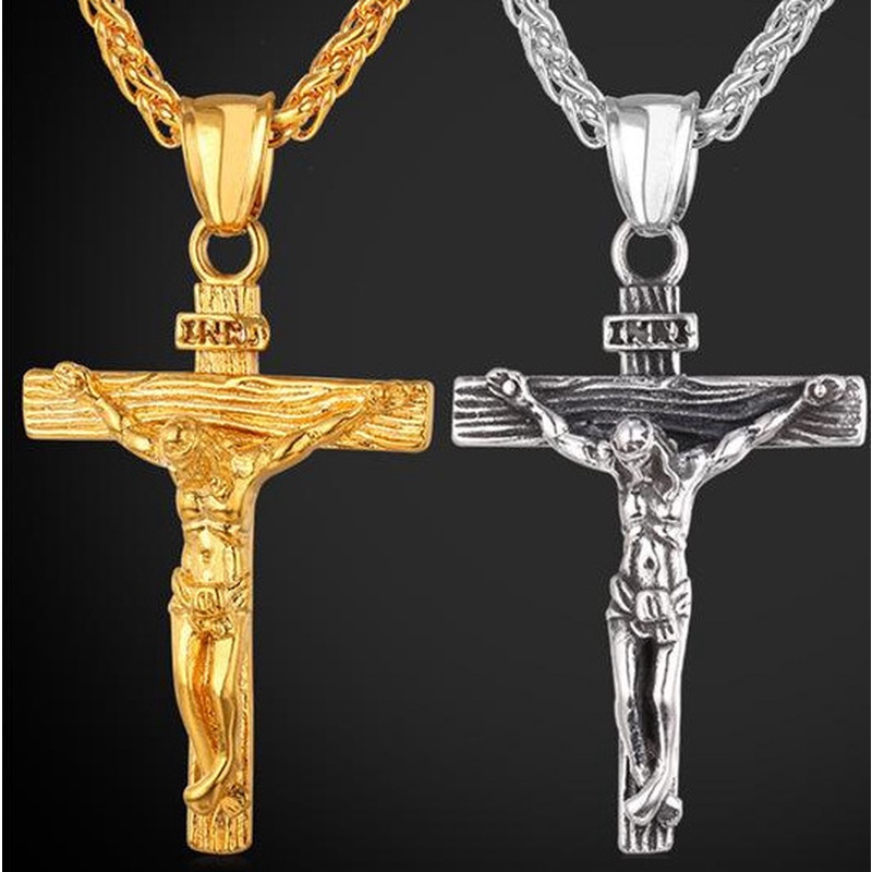 Kalung Rantai Klavikula Dengan Liontin Salib Yesus Warna Emas Gaya Hip Hop Untuk Pria Dan Wanita